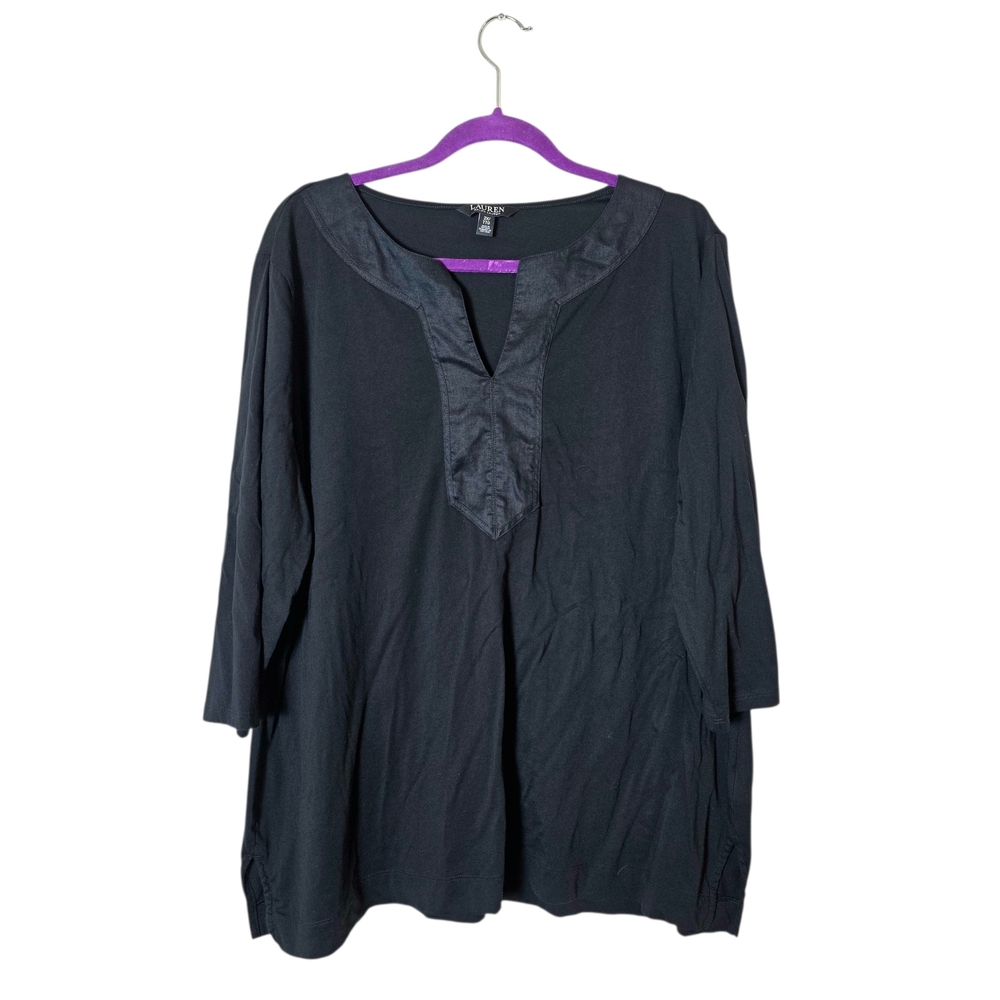 Lauren Ralph Lauren 100% Cotton Tunic Top 2X Black 3/4 Sleeve Old Money Office